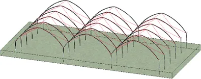 Diagram of three bays of a multibay tunnel with lattice cables marked in red: diagonal cables from the legs to the hoops form a net inside the tunnel.