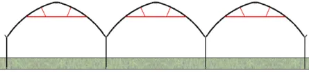 Cross-section of three tunnel bays with V horizontal bracing marked in red: a horizontal tube in the upper part of the arch and two short diagonal braces to the hoop.